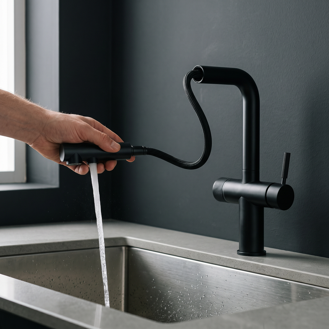 Osmova PureFlex Pro | Ausziehbare 3in1 Küchenarmatur | Edelstahl schwarz matt