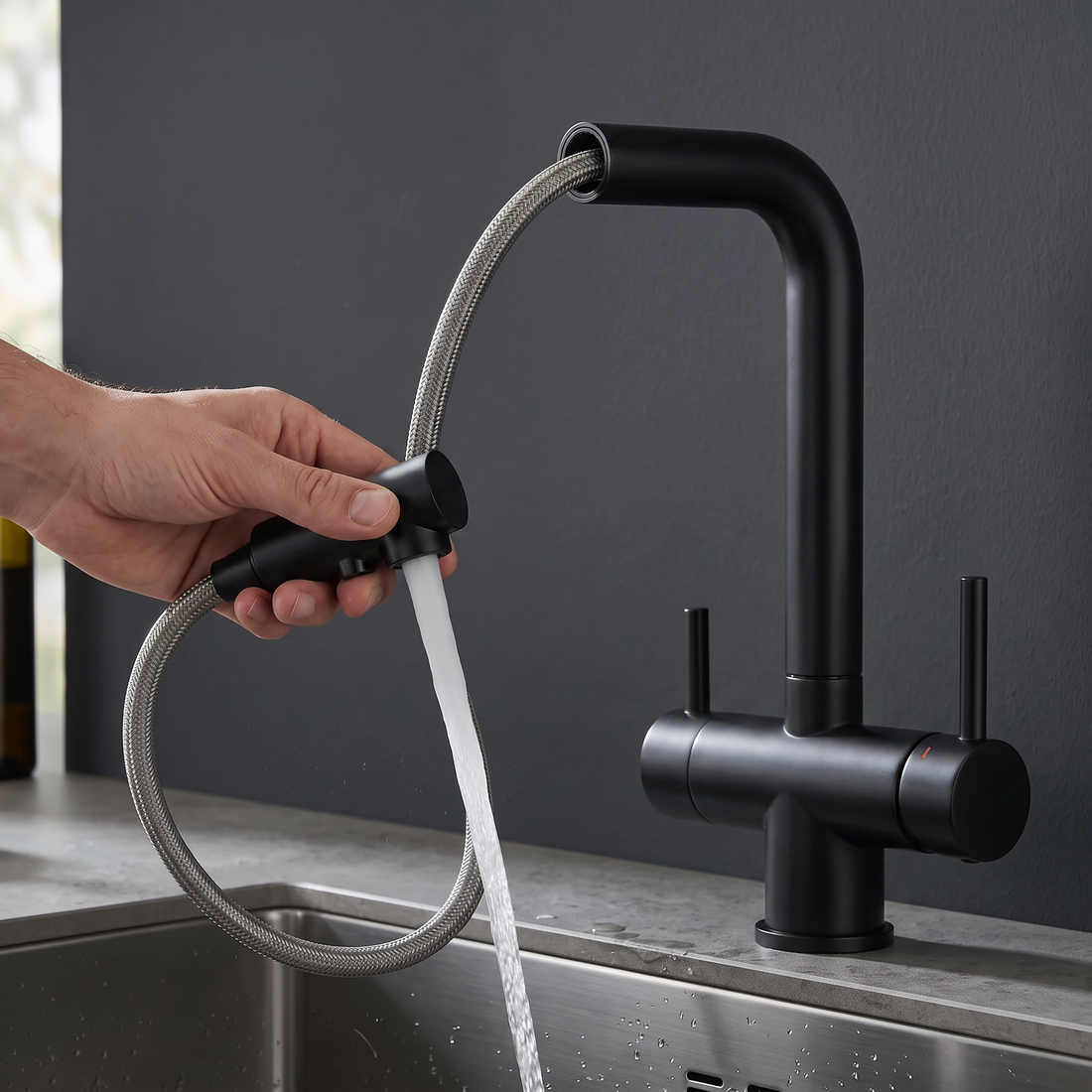 Osmova PureFlex Pro | Ausziehbare 3in1 Küchenarmatur | Edelstahl schwarz matt